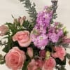 Roses, alstromeria, and stock in pinks