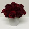 16-20 red roses pave in a white ceramic vase. 
