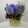 Small crear vase. Purple hyacinths arranged with a few leafs 