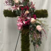 MOSS COVERED CROSS WITH ROSES, LILIES AND FILLER