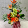 Contains Birds of Paradise, Cymbidium, Protea, Lily, Dahlia, Amaranthus, and Greenery in