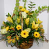 A beautiful yellow arrangement with mixed greens and filler. 