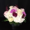 Shades of pink and purple accent the soft clouds of white hydrangea.