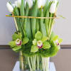 White tulips arranged with green Cymbidium orchids in a clear vase with