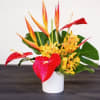 A vibrant arrangement designed with jewel&nbsp;tone&nbsp;tropical blooms and foliage. &nbsp;Modern in it&#039;s