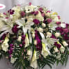 this casket cover is beautiful with large white callas, white &amp; lavender