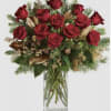 red roses, greens, gold leaf