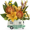 Retro Camper with lilies, protea, chrysanthemums make this picture right out of