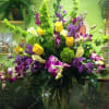   YELLOW ROSES, FRAGRANT PURPLE STOCK, MINI WHITE CALLE LILIES, MINI