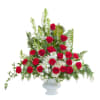Red and white premium varieties of flowers combine with cedar and lush