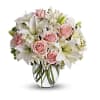 light pink roses, white asiatic lilies, white alstroemeria and white cushion spray