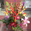 Colorful arrangement with exotic flowers.