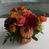 Orange pumpkin container with bright seasonal flowers.