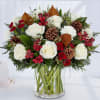 All-around arrangement with white roses and carnations; red Peruvian lilies (alstroemeria); burgundy