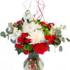 Vase in red and white mixed flowers.  