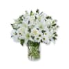 Express your sincere condolences with our elegant all-white arrangement of roses, lilies