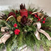 Safari Sunsets. Carnations, Pine Cones, Berries, Ornaments, Pillow Candle and Chrisrmas Greenery