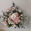 Light pink &quot;cloud&quot; of pink hydrangea surrounded by white and cream roses