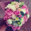 SHOWN: Deluxe
Pink hydrangea, roses, dahlias, lisianthus, peonies, silver dollar greens