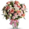 Pretty pink roses, spray roses and miniature carnations, white button spray chrysanthemums