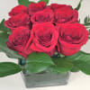 Red roses in a square clear glass vase