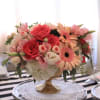 Pink and white seasonal flowers in vintage gold vase, dressed with fresh