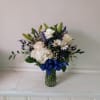 Beautiful mix of white roses, daisies, carnations, hydrangea &amp; navy/blue irises, statice