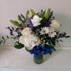 Beautiful mix of white roses, daisies, carnations, hydrangea &amp; navy/blue irises, statice