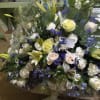 Beautiful white roses, daisies, hydrangea, lilies, alstroemeria &amp; navy/blue irises, delphinium and