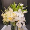 Phalaenopsis,  White Hydrangeas, Roses, Tulips, Veronica, Baby Roses, Eucalyptus
