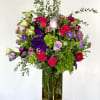 Red Roses, Lavender Roses, Purple Lisianthus, Diantha, and wax flower in a