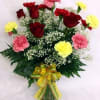 5 red roses with 12 carnations and babies breath to carry on