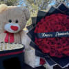 100 Red Rose bouquet, Chocolates and a Bear.
Personalized Ribbon
Choose from -Happy Anniversary