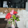 Tall grand arrangement Bright Red roses, pink cymbidium, purple hydrangea, dianthus and