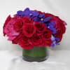 Red and magenta roses with a full stem of purple vanda orchids