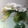 A medium sized moon vase full of large calla lilies and adorned