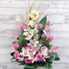 Beautiful composition of flowers combined orchids and roses.