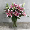 A stellar arrangement of starfighter/pink lilies in a vase.
* Vase/container based on