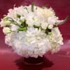 Custom Arrangement of white roses, white hydrangea &amp; white lisianthus in clear