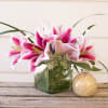 Bear Grass Lined Glass Cube with Stargazer Lilies and Lily Grass