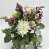 White Roses, spider mums, Purple stock, Wax flower, eucalyptus, dusty miller, and