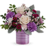 Cr&egrave;me roses, purple carnations, miniature light pink carnations, lavender cushion spray chrysanthemums