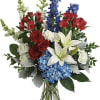 A colorful tribute for someone special, this brilliant bouquet of red, white