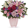 Pink Lilies, Pink Roses, Pink Mini Carnaitons, White Alstromerias, Purple Statice