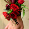 Plum Mini  Calla Lilies and Red Spray Roses make this wristlet