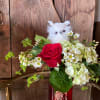 Small Red Hammered Vase Arranged with a Keepsake Owl and Fresh Blooms
