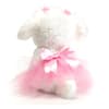 White puppy plush wearing pink tutu and pink bows over the ears.
