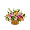 Basket of larkspur (or similar flower), carnations, and alstroemeria in assorted colors