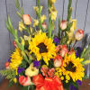 This basket arrangement is full of cheer. Yellow gladiolus 10 orange roses