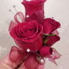 Corsage composed of red roses red sheer ribbon and rhinestone sprays.